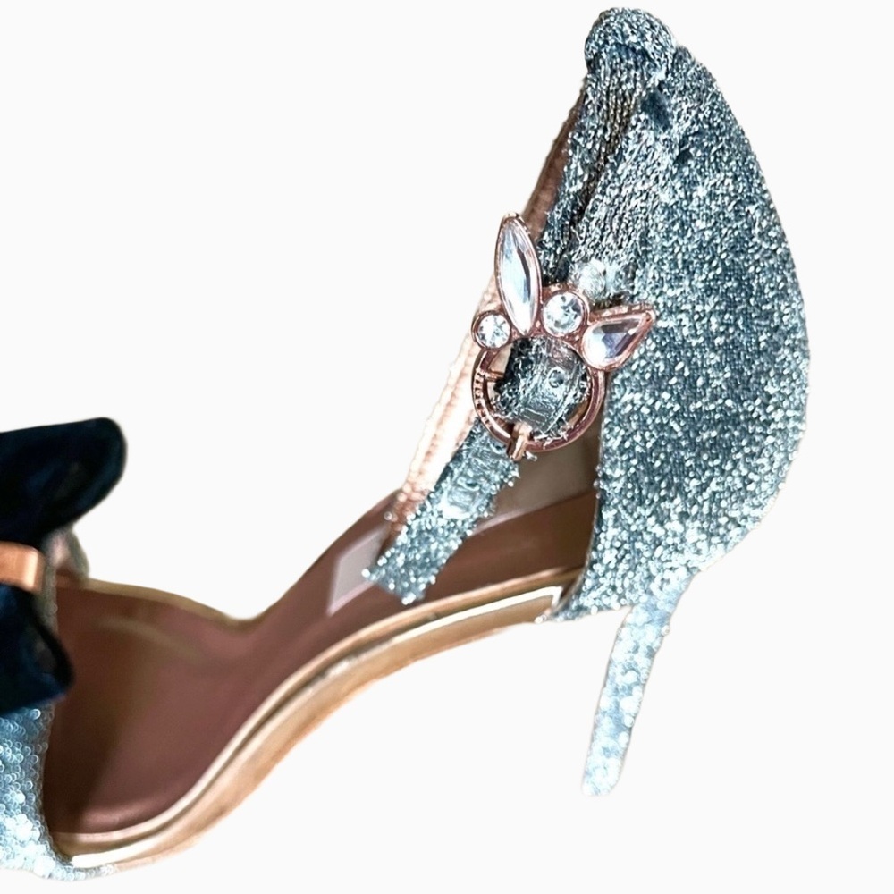 Ted Baker Bowdalo Silver Glitter Heels Black Velvet Bow Ankle Strap EU 37.5 US 7 - Picture 10 of 12